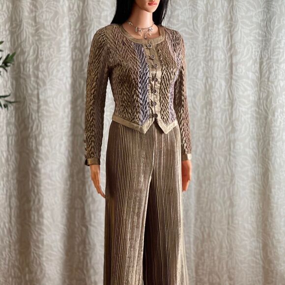 Vintage 80s Jeanne Marc 2 Piece Set Metallic Patchwork Ruched Jacket Pants 2/4 - Picture 1 of 8